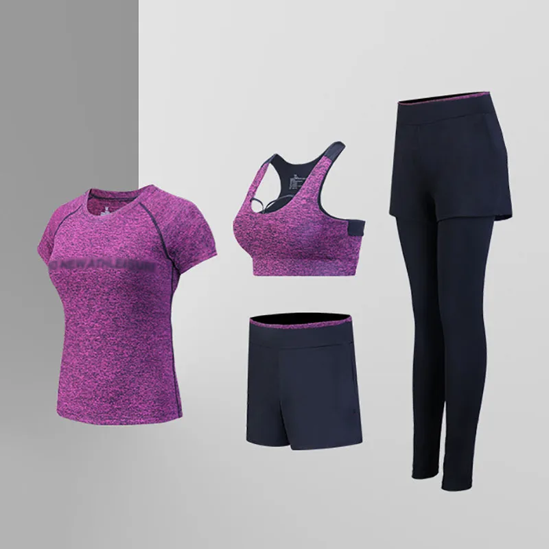Red violet Комплект для йоги, бесшовный спортивный бюстгальтер+ укороченный топ с коротким рукавом+ женские леггинсы для бега, спортзала, с высокой талией, для тренировок, фитнеса, дышащий спортивный костюм - Цвет: Red violet