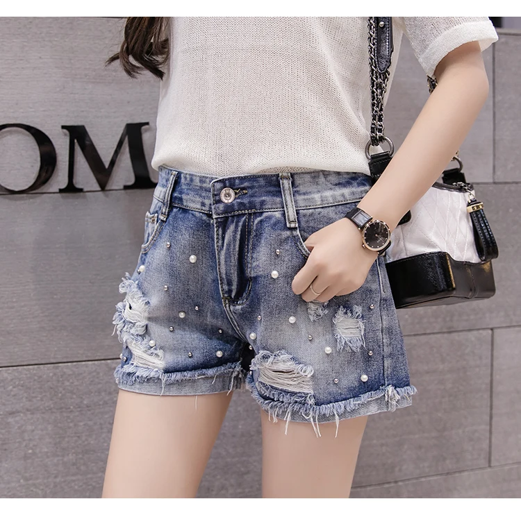Летние женские модные джинсовые шорты с высокой талией Украшенные бусинами и |