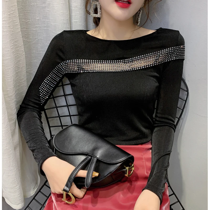 Женская футболка с круглым вырезом размера плюс сексуальная черная длинным