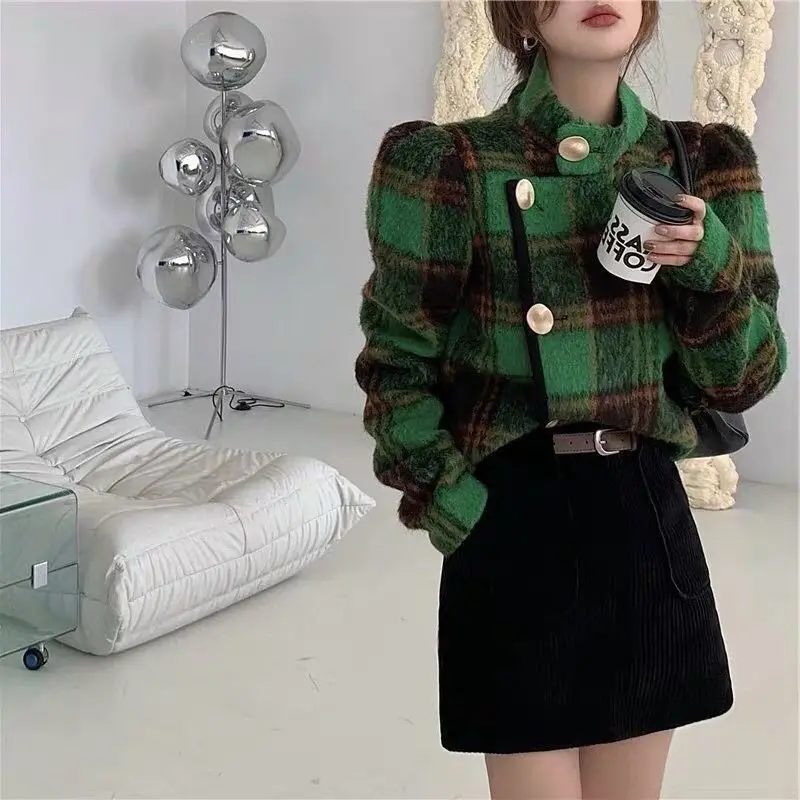 

2021 Women Vintage Woolen Green Plaid Jacket 2021 Autumn and Winter Fashion Colorblock Button Warm Coat
