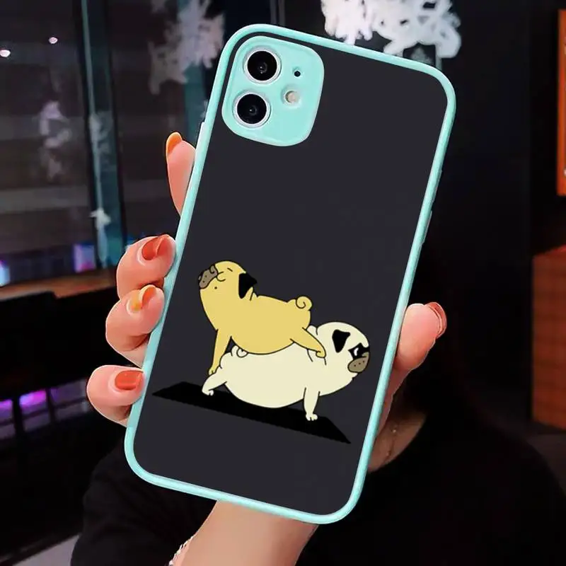 

Cute Cartoon Pug Animal Yoga Phone Cases Matte transparent For blue iPhone 12 Mini 11 Pro XR XS Max 7 8 Plus X Back Cover
