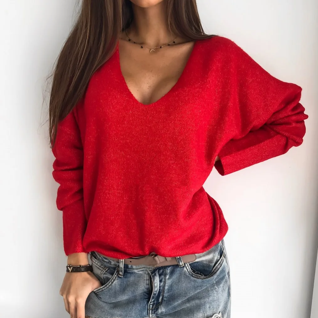 Casual Women Knitted Sweater V Neck Solid Color Knitwear Ladies Autumn Clothes Female Pullovers Fashion Pull Femme Tops Pusero | Женская