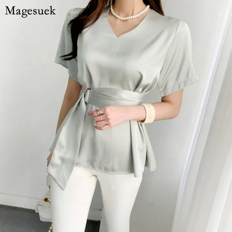 

Fashion V-neck Satin Women Tops 2021 Summer Elegant Chiffon Blouse with Sashes Ladies Blouse Blusas Mujer De Moda Verano 13954