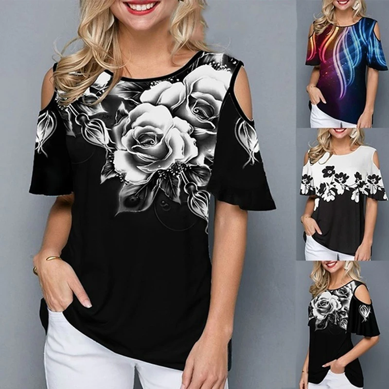 

2020 Women New Elegant Leisure Casual Tops Ladies O-neck Tshirt Hollow Out Sleeve 3D Print Flower Tee Shirt Femme Plus Size 5XL
