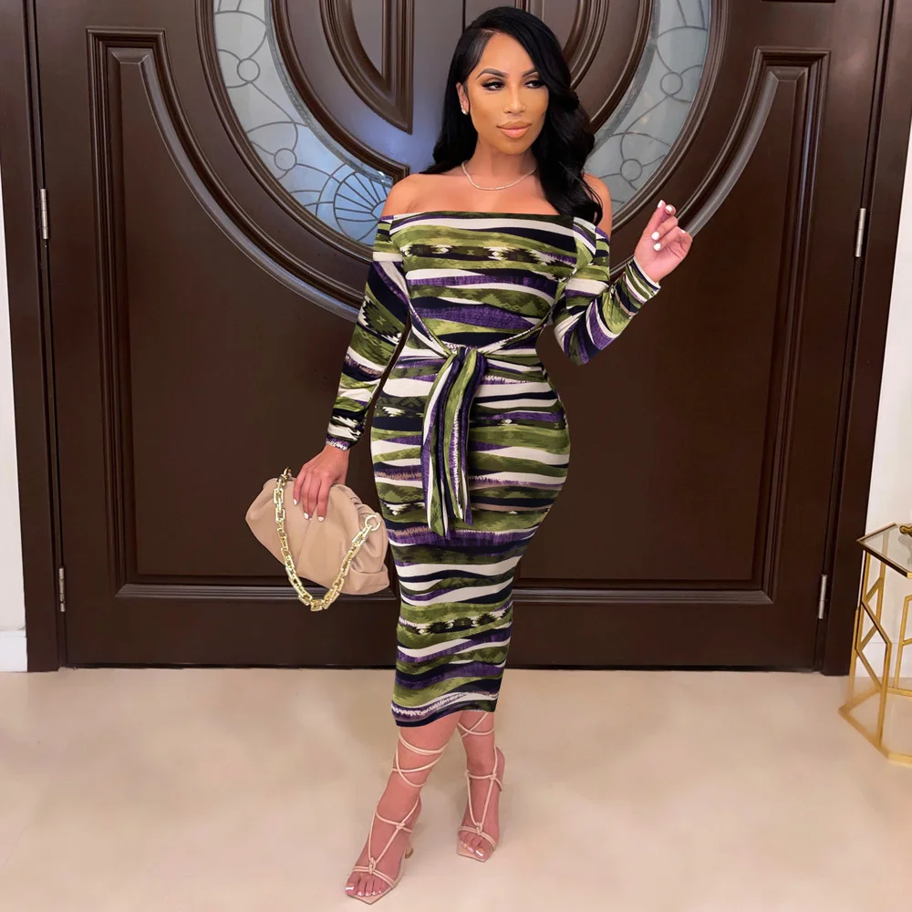 

Элегантное модное платье с открытыми плечами и длинным рукавом, женское облегающее платье с воротником-лодочкой и элегантной ЗАВЯЗКОЙ СПЕР...