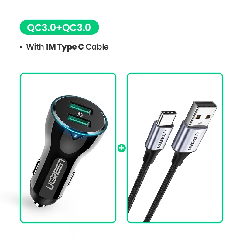 36W add Type C Cable Автомобильное зарядное устройство Ugreen Quick Charge 3,0 USB быстрое зарядное устройство для Xiaomi Mi 9 iPhone X Xr 8 huawei samsung S9 S8 QC 3,0 USB Автомобильное зарядное устройство - Тип штекера: 36W add Type C Cable