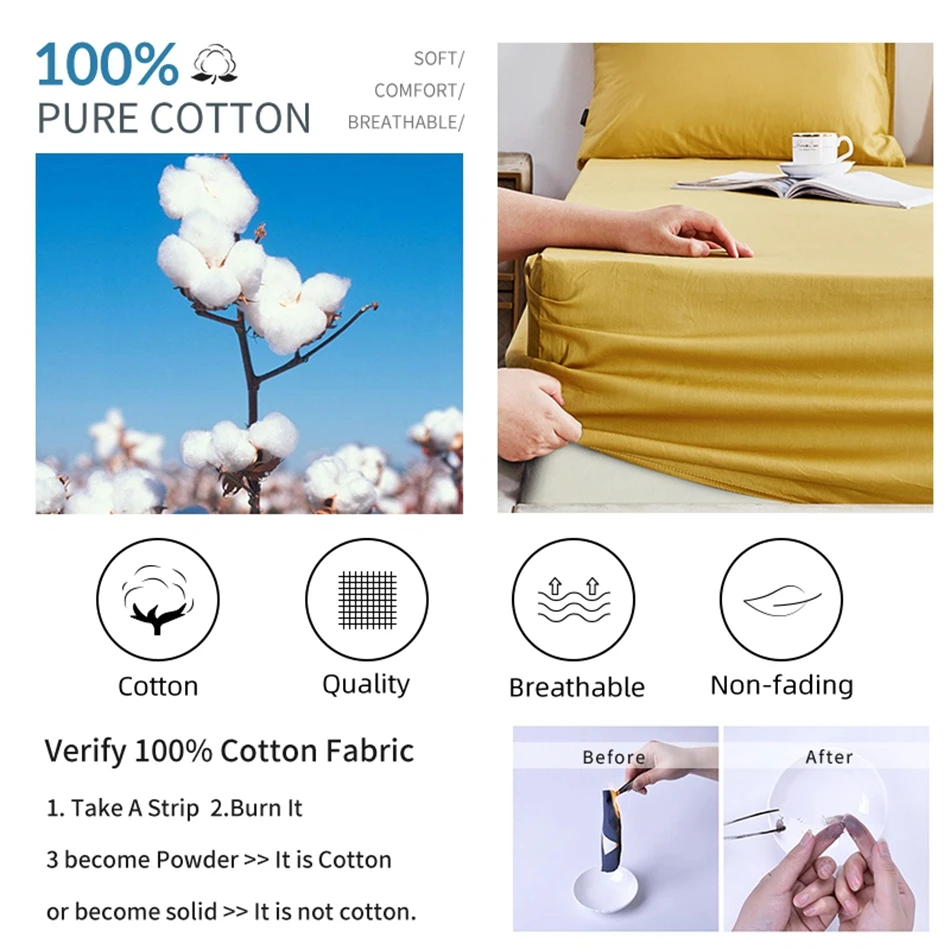

Dansunreve 1pc 100% Pure Cotton Fitted Sheet Solid Color Single Bed Linen Queen King Bedsheet With Elastic No Pillowcase