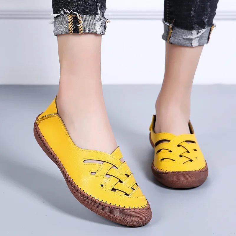 Туфли женские на плоской подошве дышащие лоферы без застежки удобная кожаная