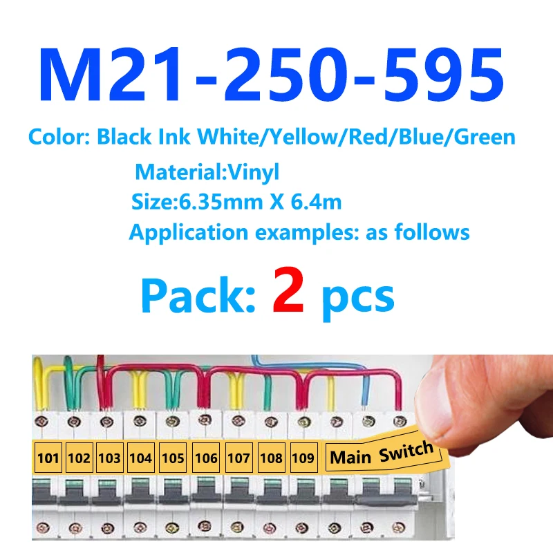 

2PK 6.35mm x6.4m Label Tape compatible for Brad M21-250-595 Black on White Vinyl Film M21 250 595 BMP21 Plus BMP21-LAB label