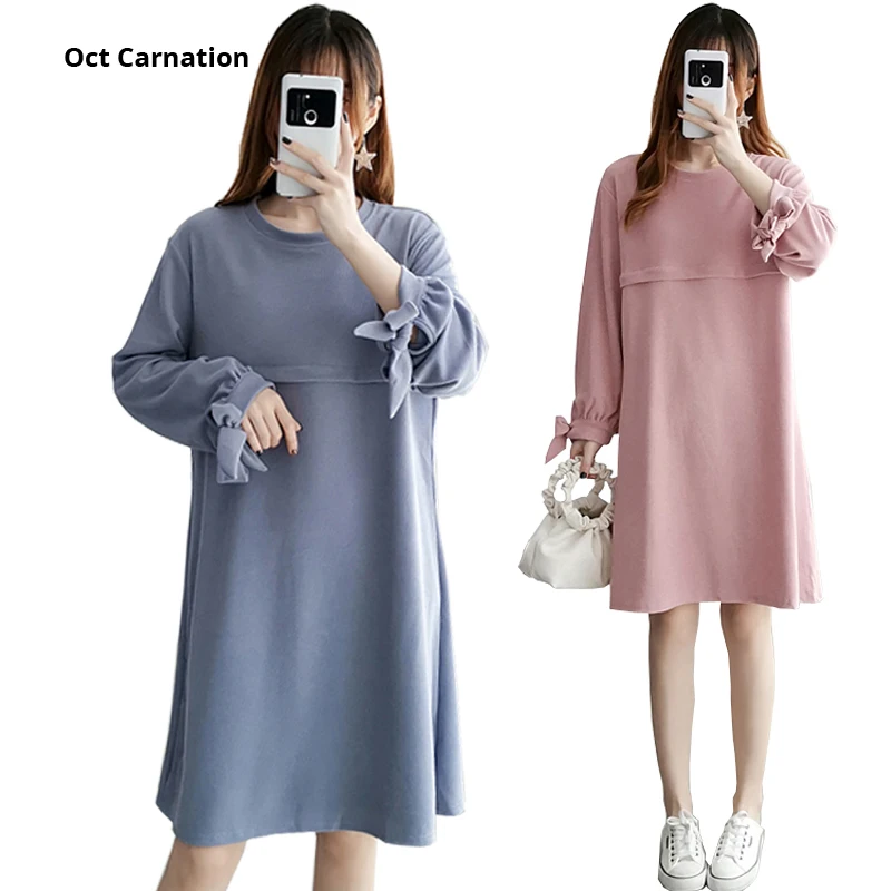 Осеннее платье для грудного вскармливания с длинным рукавом и круглым вырезом