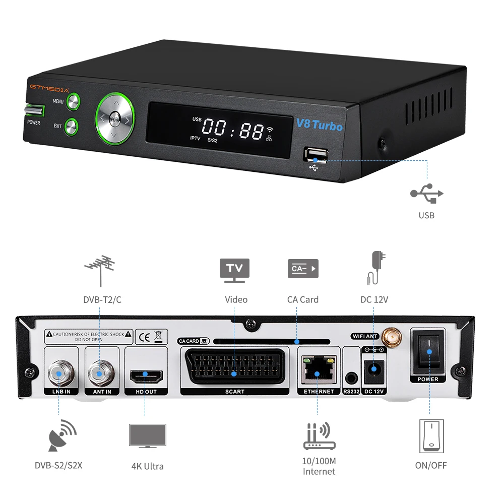 GTmedia V8 Turbo Combo Цифровой спутниковый ТВ приемник декодер DVB-S2/T2/C 1080P тюнер H.265 HEVC 10 бит