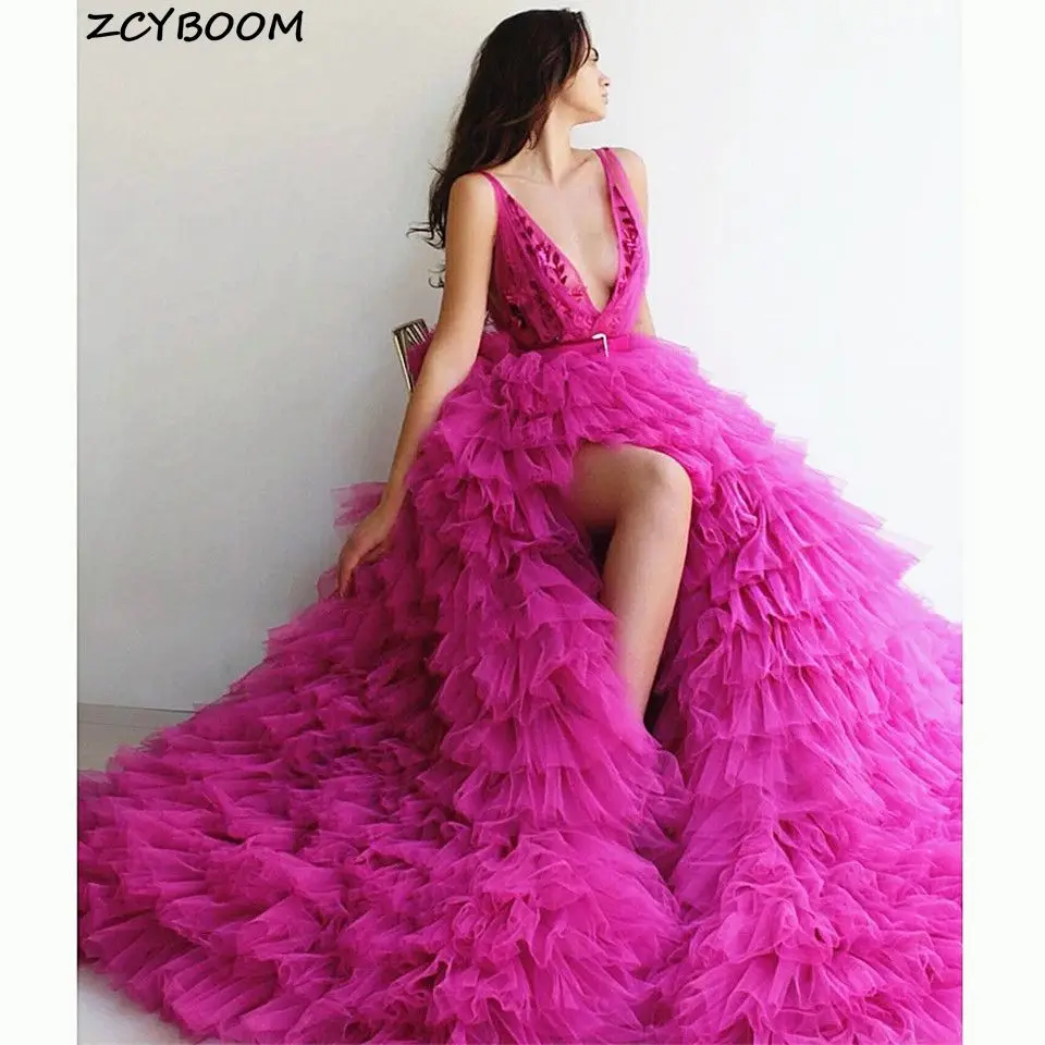 

Fushcia Tiered Prom Dresses 2022 Formal Party Night Tiered Vestidos De Gala Elegant Sexy V-Neck Long Graduation Evening Gowns