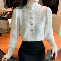 retro brushed lace half high neck shirt women 2021 new autumn winter hollow long sleeved sexy top puff sleeve top