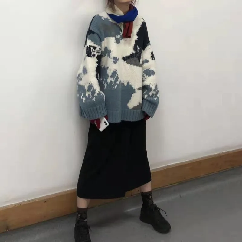 

KOSAHIKI 2021 Harajuku Japanese Contrast Women Tops Print Knit Sweaters Casual Loose O Neck Spring Streetwear Pullovers 11a018