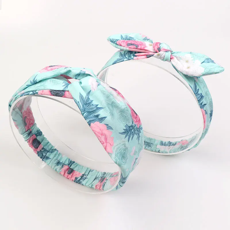 

2Pcs/Set Mommy and Baby Headband Fashion Floral Printed Elastic Cross Knotted Rabbit Ear Hairbands for Parent-Child Headwear