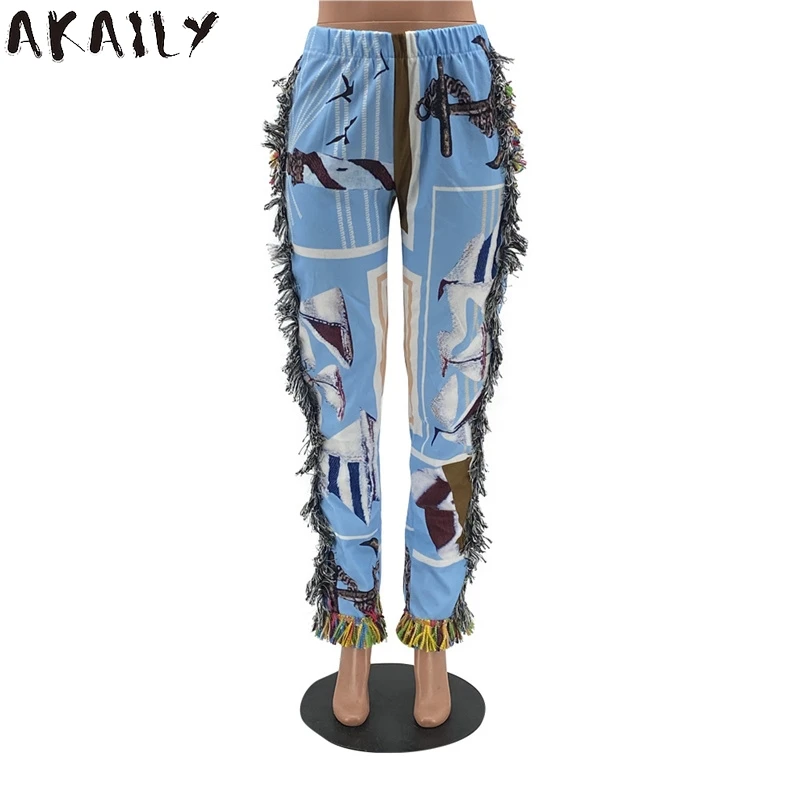 

Akaily 2021 Streetwear Tassel Loose Casual Long Pants Women Summer Outfit High Waist Oversized Female Print Straight Trousers