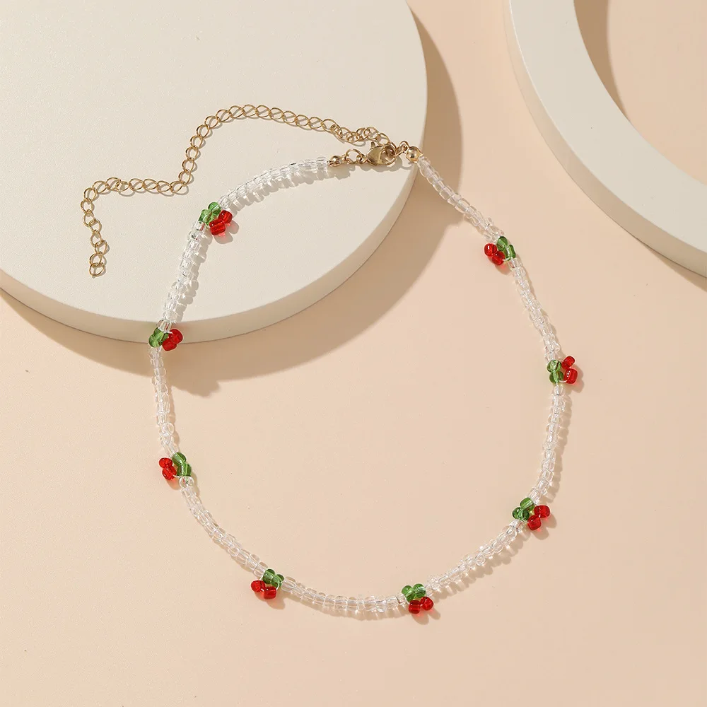 

New Kpop Summer Sweet Cherry Choker Transparent Beads Women Charm Necklace Fruit Party Jewelry Gift