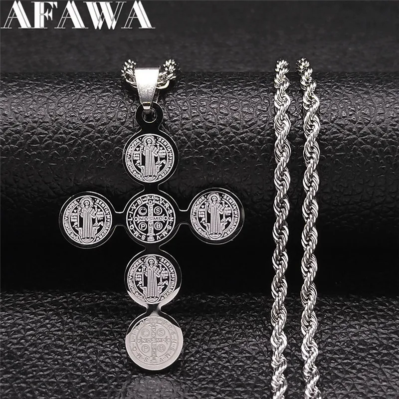 

Stainless Steel Christian Saint Benedict Cross Necklace Silver Color Talisman Necklaces Jewelry chaine acier inoxydable N4525