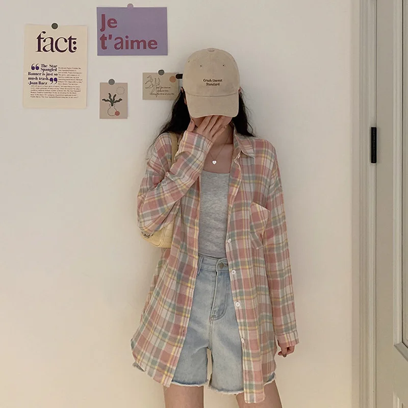 

Blouse Women Clothes Casual Plaid Shirts Long Sleeve Korean Fashion Pink Women's Shirt Elegant Top Female Clothing Lapel 2020