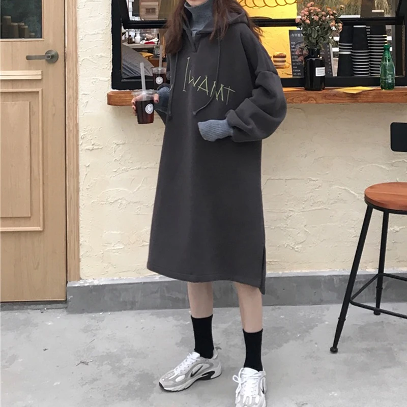 

Winter Women Dresses Long Sleeve Fleece Hooded Dress Fashion Streetwear Casual Loose Sweatshirt Dress Gray Purple