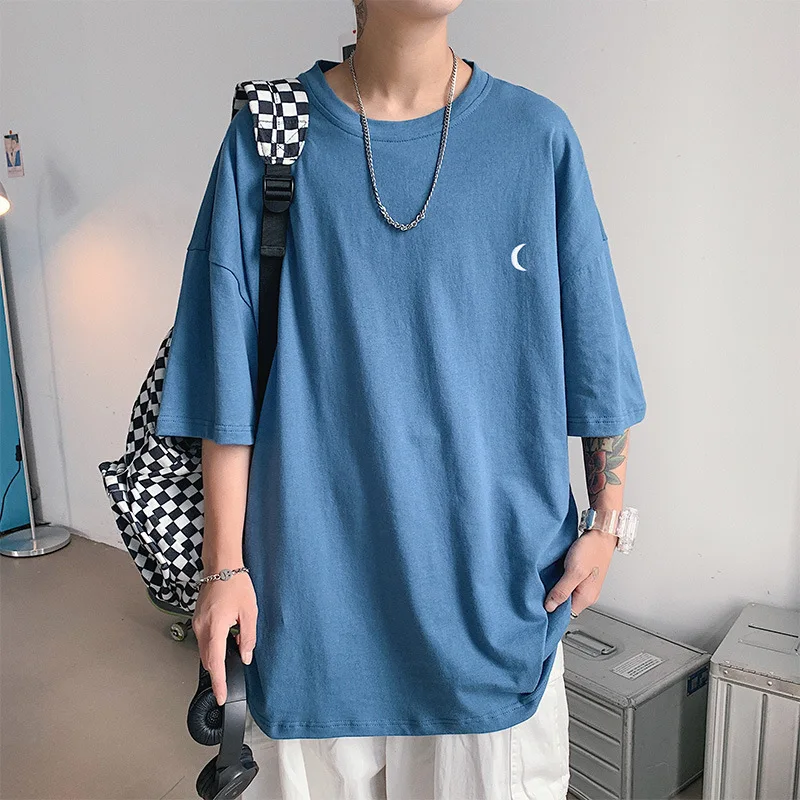 

LUCLESAM Men Fashion Crescent Embroidery Half Sleeve T Shirts Mens Oversize Casual Tops Camiseta para hombre