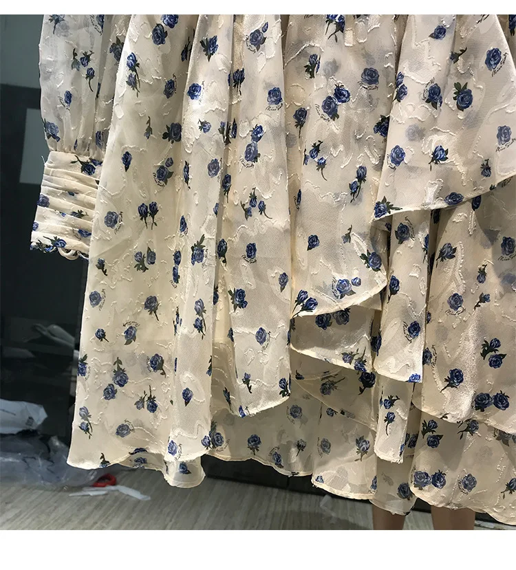 

Women Asymmetrical Ruffles Dress Print Lantern Sleeve High Waist Flounce Dress Top Quality