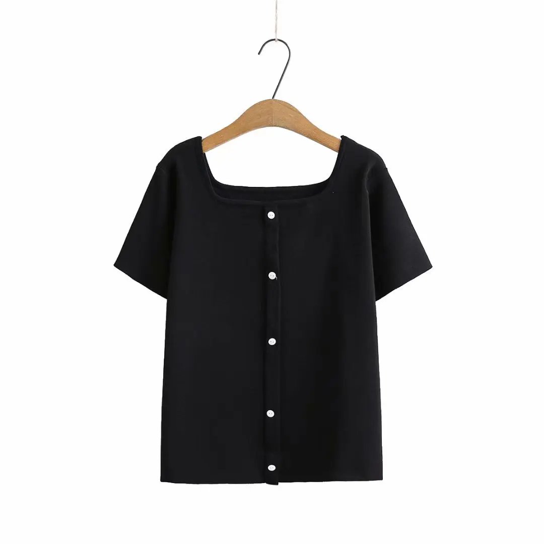 

Plus size knitted women summer t shirt 2021 ladies short sleeve square collar tee shirts femme red & black t-shirt