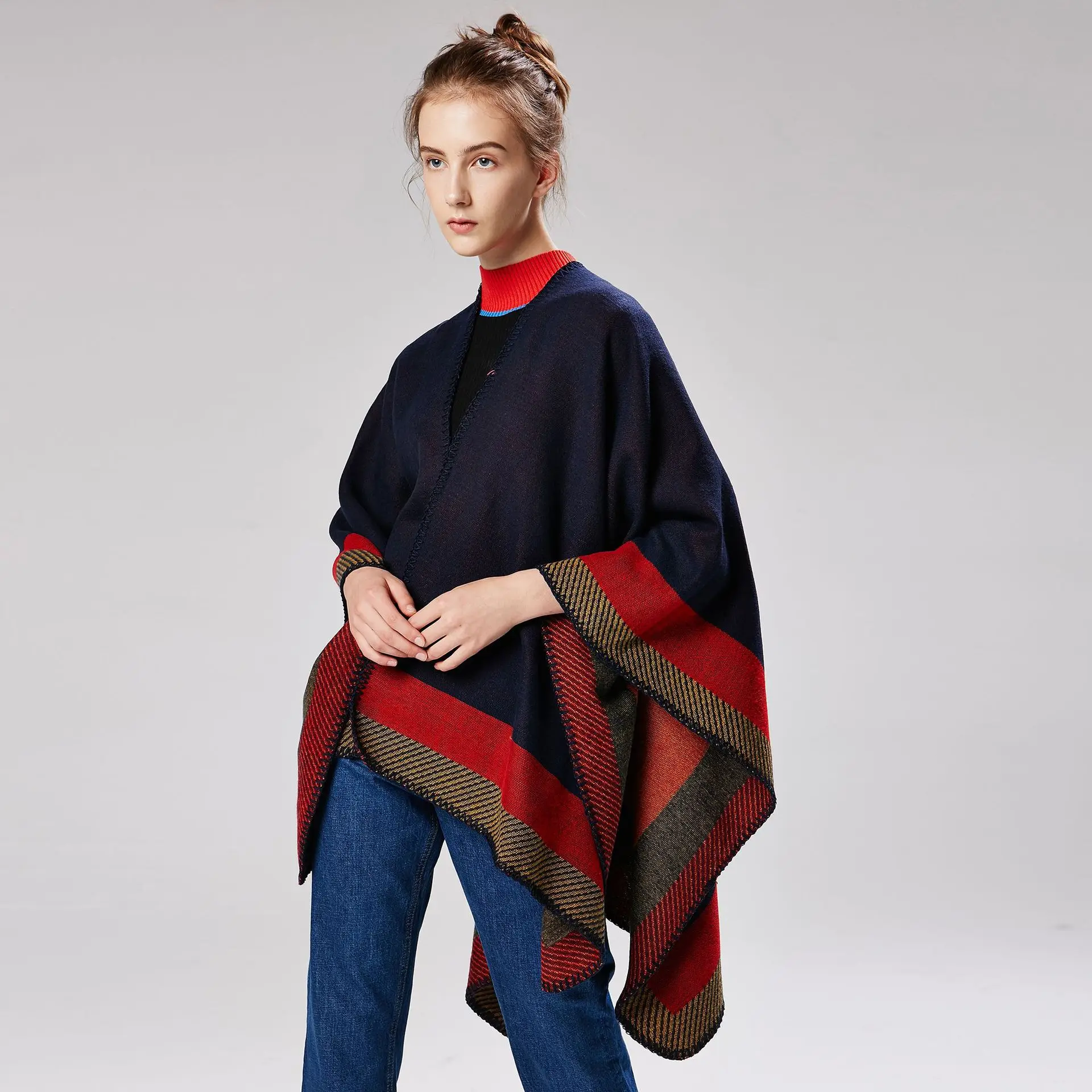 Autumn Winter Thick Cloak Scarf Women Plaid Travel Shawl Imitation Cashmere Capes Fashin Stripe Fork Thicker Cloaks Wraps Femme |
