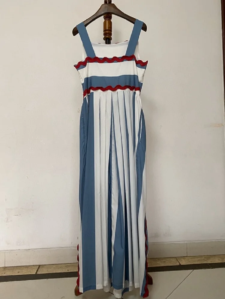 

Cotton Long Dress 2020 Spring Summer Style Women Spaghetti Strap Striped Embroidery Sleeveless Casual Party Ladies Maxi Dress
