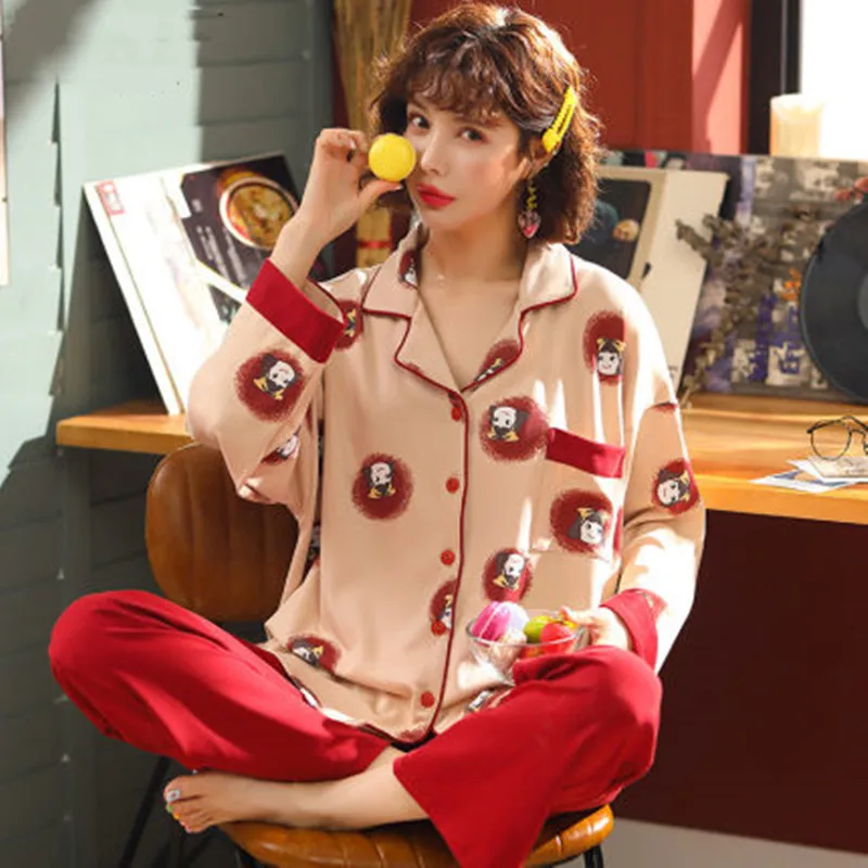 Пижама женская из чистого хлопка с длинным рукавом домашняя одежда в Корейском