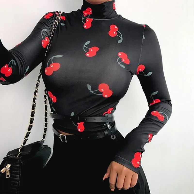 

Fashion Harajuku Tight-fitting Slim High Neck Long Sleeve Base T-Shirts For Women Casual Butterfly Cherry Ptinting Bodycon Tops