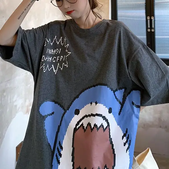 

Fun Anime Harajuku Cute Kawaii Shark Short Sleeve T-Shirt Female Summer Casual High Quality Street Loose Oversized T-Shirt