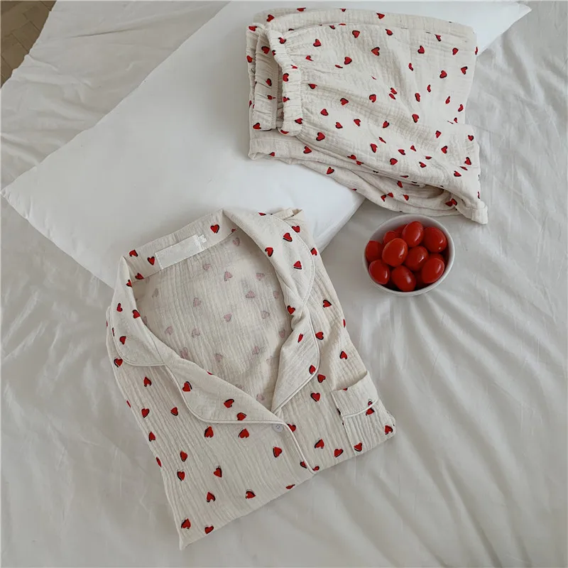 

comfortable soft cotton home clothes love heart print long shirts pants homewear sleepwear autumn women pajamas set cute Y140