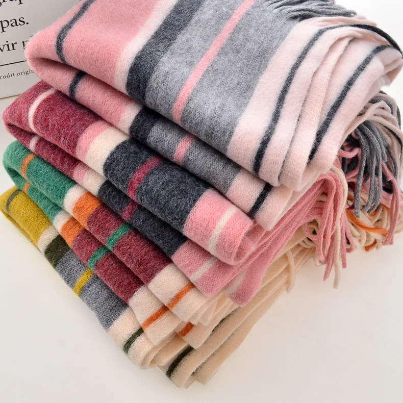 

New style thickened and warm long tassel color matching scarf for women in winter2020Korean warm contrast striped Cashmere Shawl
