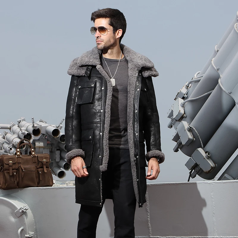 Длинное зимнее Мужское пальто из натуральной овчины с имитацией натурального