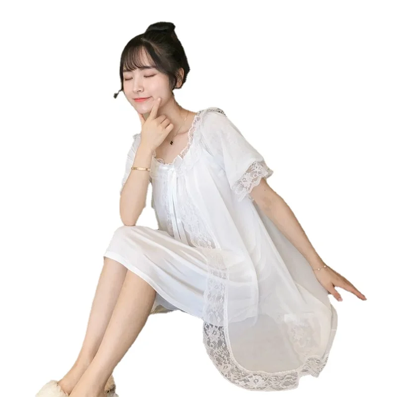 New Short Sleeve Court Lace Nightdress Women Summer Korean Fresh Princess Style Lace Nightgown Sexy Dress Sleepwear Nightwear