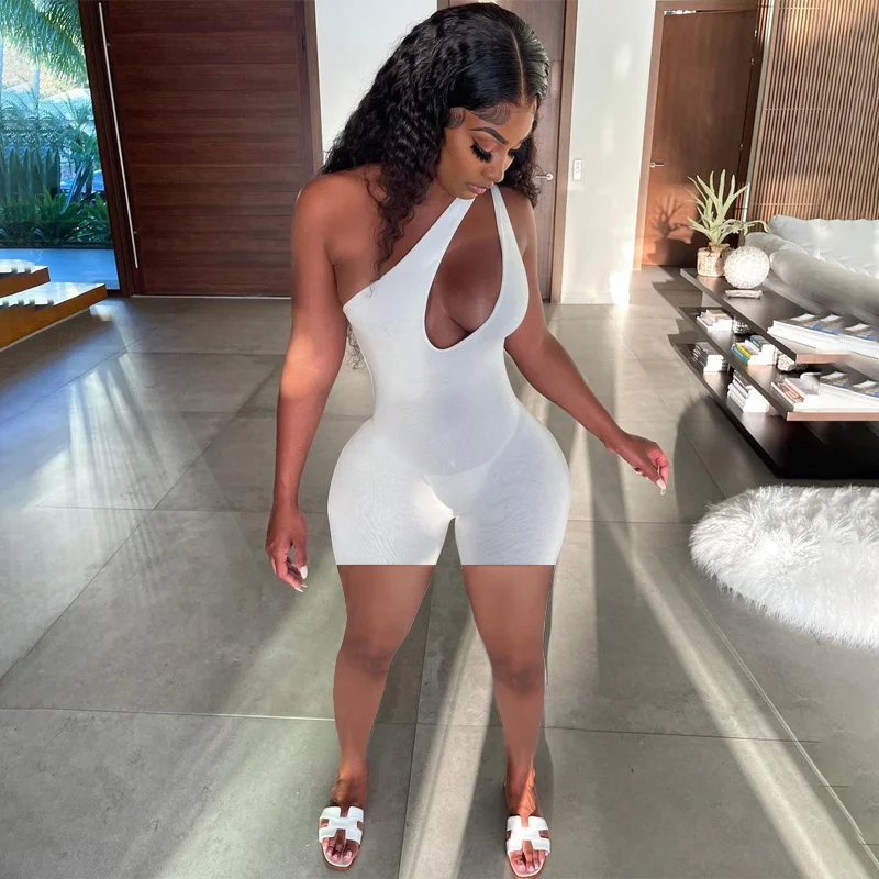 Sexy Hollow Out Bodysuit Women Off Shoulder Single Strap Jumpsuit 2022 Summer Fashion Slim Solid Color Sleeveless Playsuit