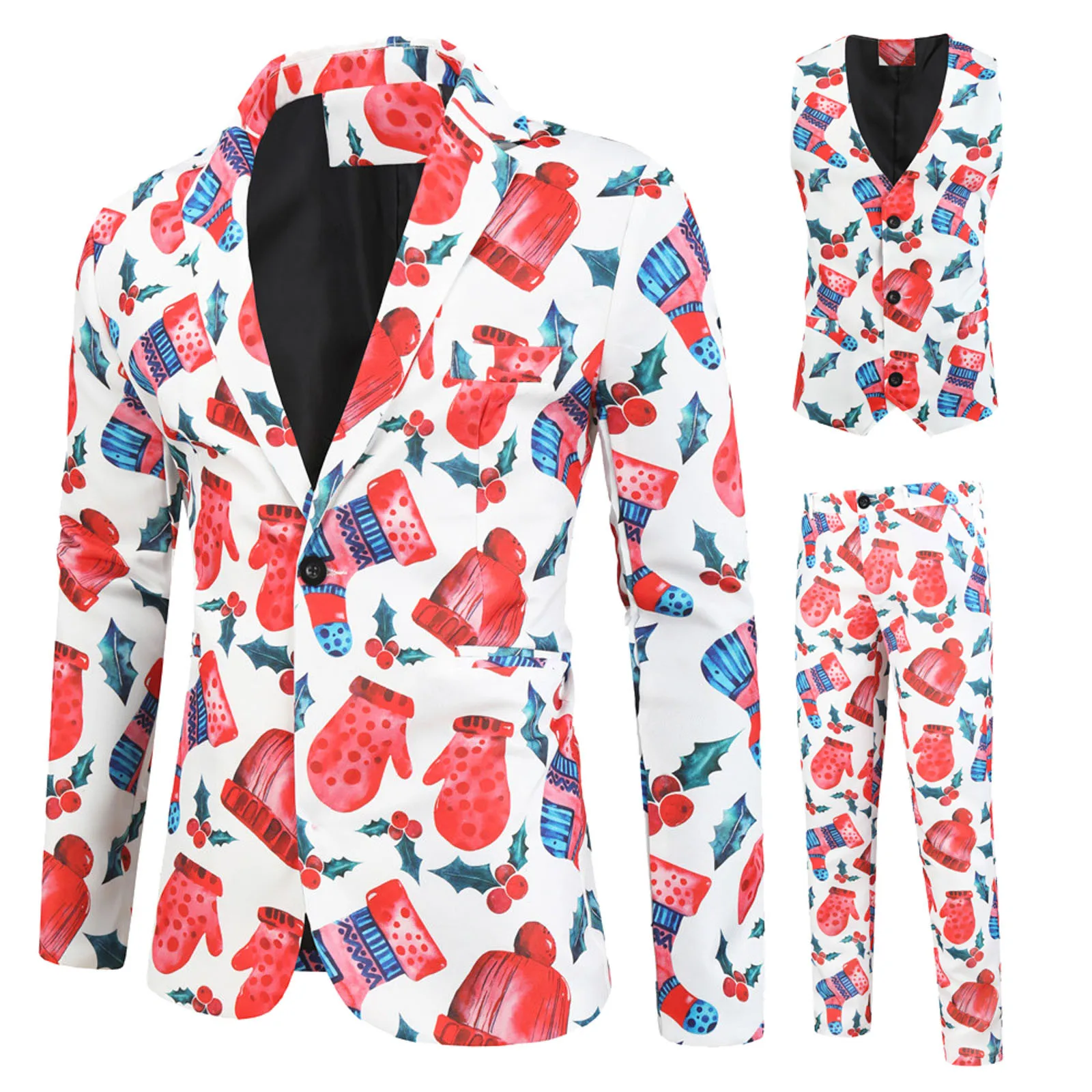 

Fashion Christmas Pants Casual Vest Jacket Three Set Of Printed Men's Suit Men Suits & Sets Suits