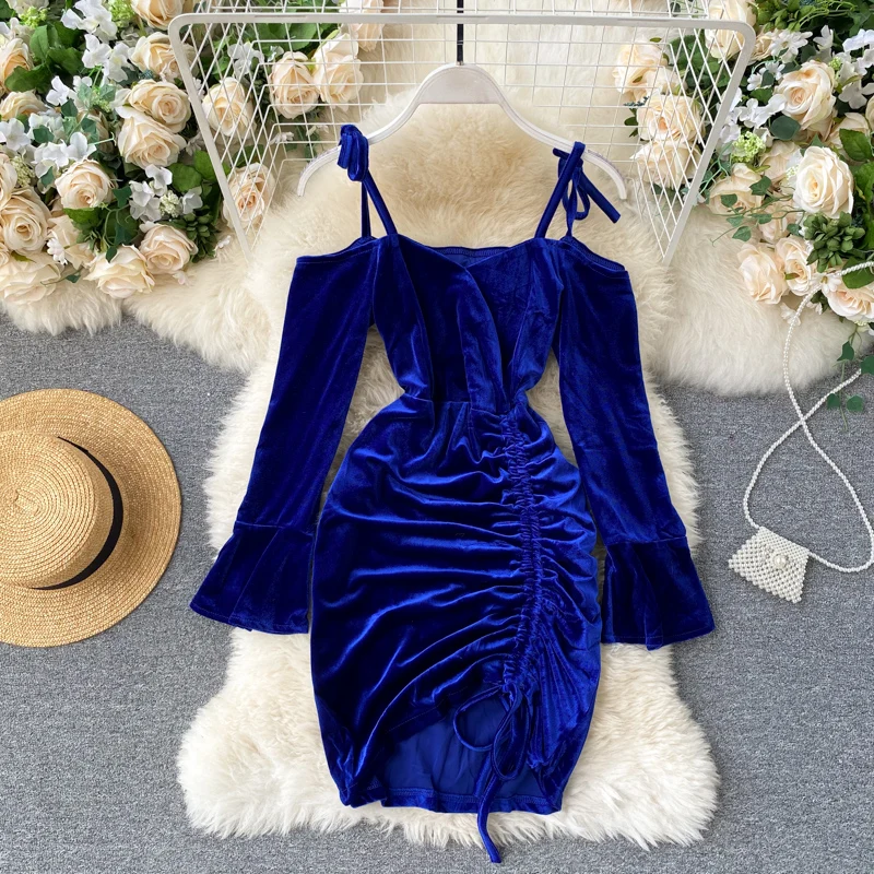 

Ruched Drawstring Sheath Dress Women Fashion Flare Sleeve Slash Neck Dress Autumn Sexy Off Shoulder Strap Party Dress DZA421