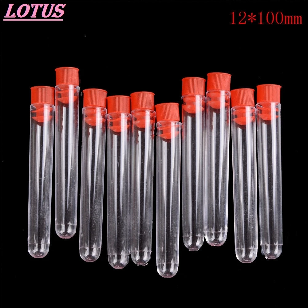 

12*100mm High Quality Transparent Plastic Laboratory Test Tubes With Lids Vial Sample Containers 10Pcs