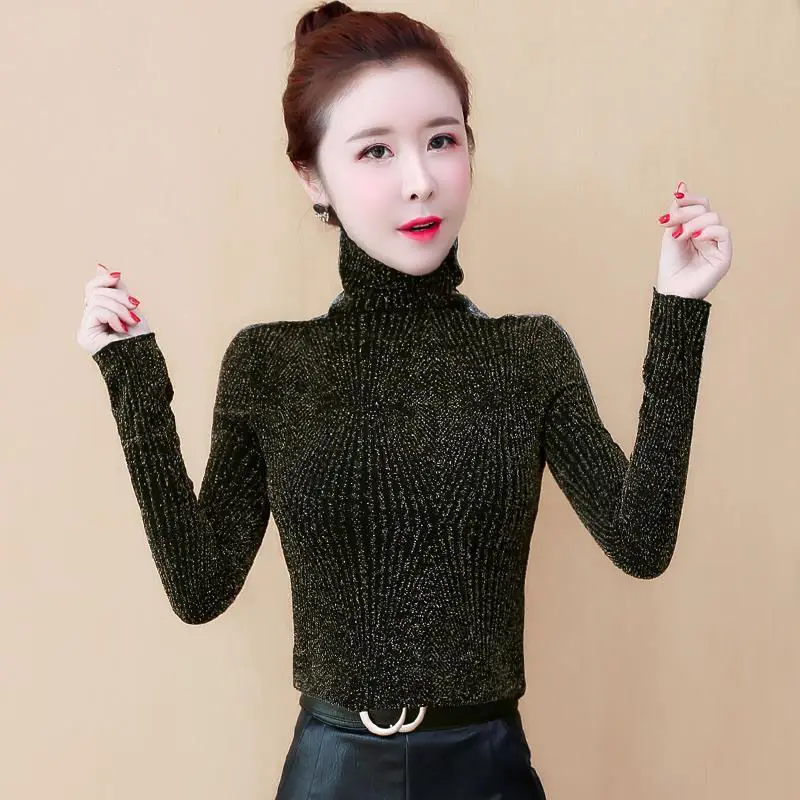 

Women top 2021 Winter Vintage Turtleneck Thick Warm Velvet Solid Long Sleeve Cotton Pullovers Bright Slik Mujer Y92