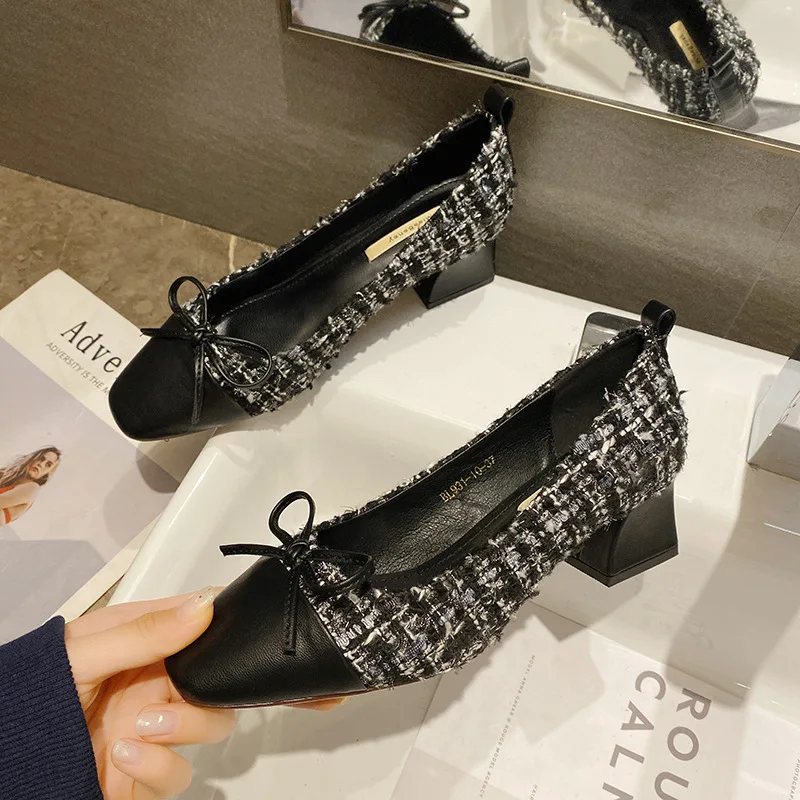 

Women Shoes Woman Pumps 2020 Spring Autumn New Slip on Casual Shoes Thick Mid Heels Mixed Color Bow Knot Square Toe Retro Pumps