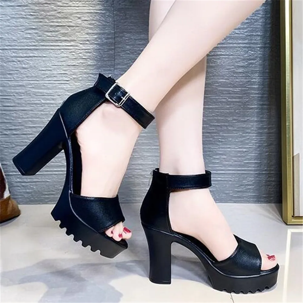 

Women Ankle Buckle Sandals Summer 2021 High Heel Fashion Sexy Fish Mouth Roman Sandals Thick Sole Female Back Zip Shoes Black