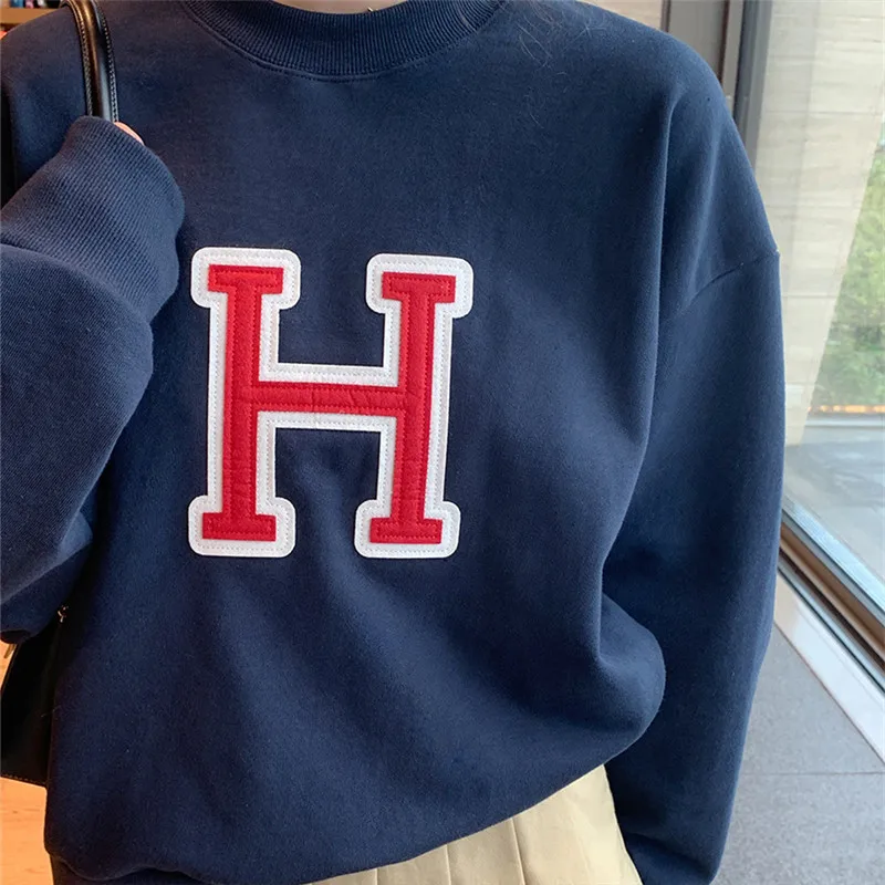 

New Autumn Vintage Korean Women Sweatshirt Harajuku Casual Letter H Pullover Female Oversized Fleece Dark Blue Sweatshirt Mujer