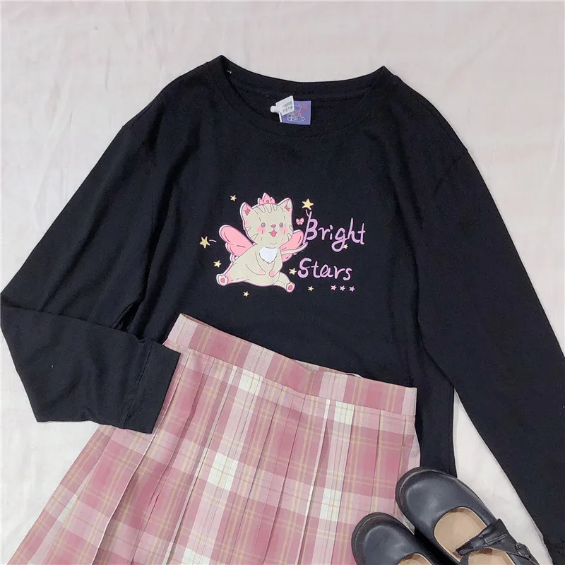 

Autumn Korean Black Sweet Student Tops INS Girl Cartoon Pattern Letters Print Long Sleeve T-shirt Women Pullover Shirt