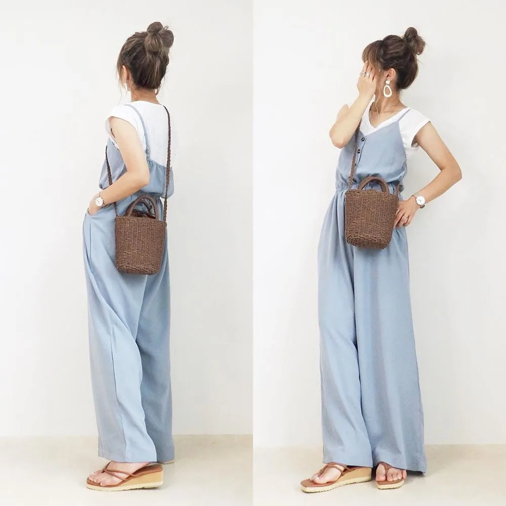 

Retro Literary Summer Jumpsuit Japanese Korean Solid Color Wide Leg Pants Trousers High Waist Bib Loose Button Trousers Thin