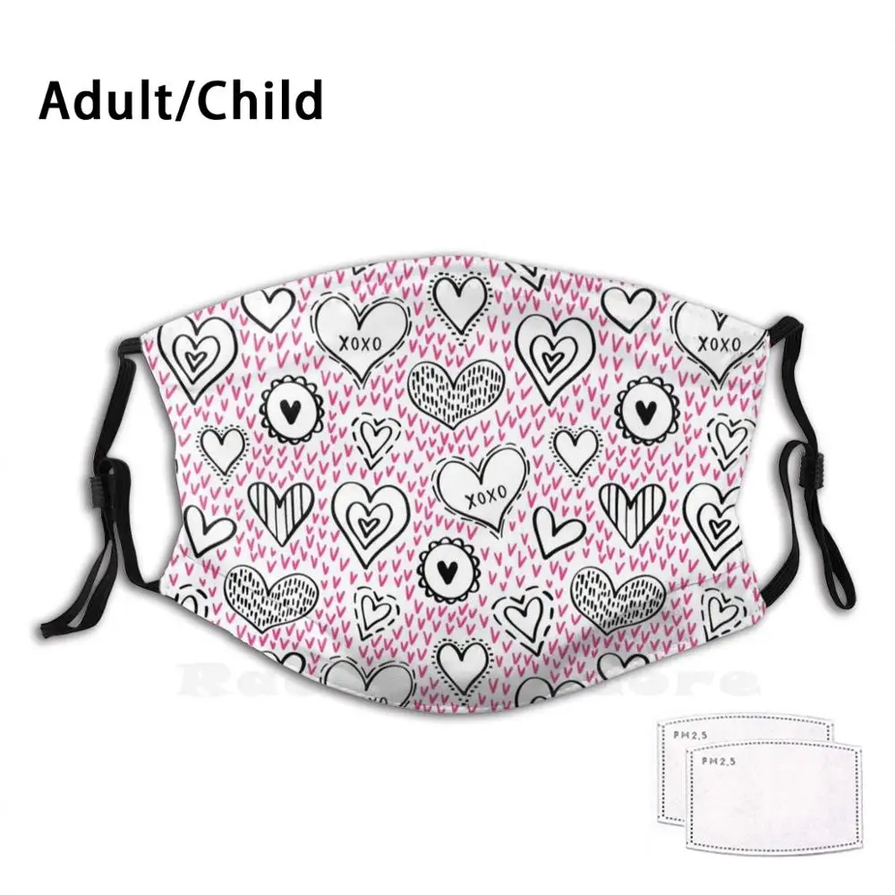 

Doodle Heart Pattern Print Washable Filter Anti Dust Mouth Mask Pattern Hand Drawn Heart Love Cute Doodle Background Hearts