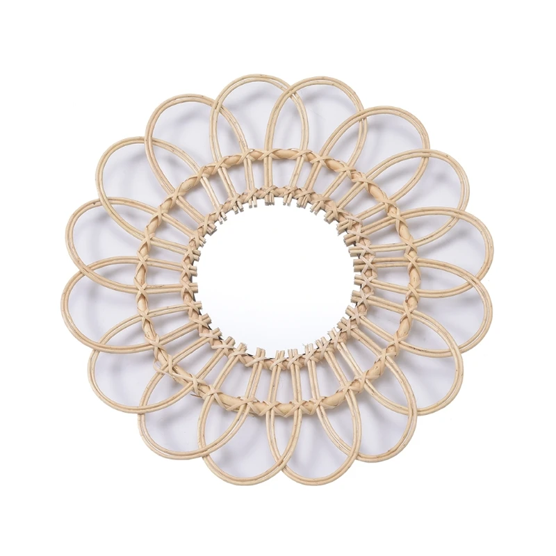 

X37E Rattan Hanging Wall Mirror Innovative Art Decoration Flower Makeup Dressing Mirrors for Apartment Living Room