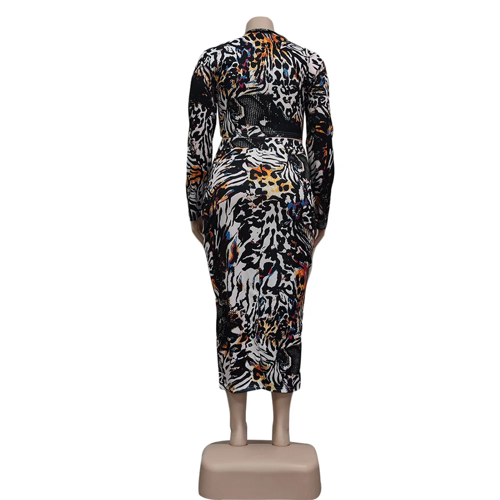 

Plus Size Leopard Print 2 Piece Club Outfits Women's Costumes Zipper Up Long Sleeve Crop Top and Back Split Bandage Skirt Suits