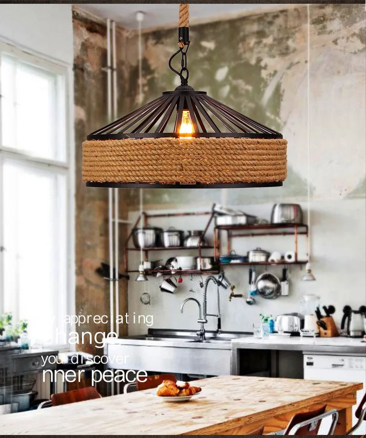 American Retro Hemp Rope Indoor Pendant Lights Fixture Vintage Loft Restaurant Kitchen Hanging Lamp Suspension Round Luminaire | Лампы и